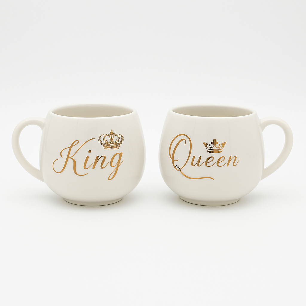 Royal King & Queen White Round Mugs with Golden Text