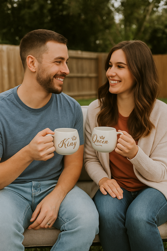 Royal King & Queen White Round Mugs with Golden Text