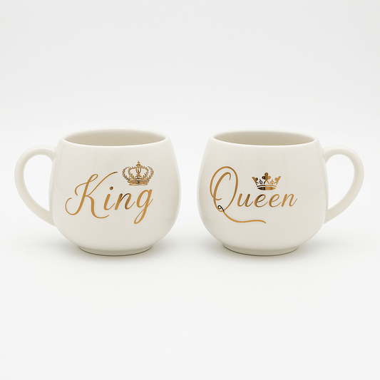 Royal King & Queen White Round Mugs with Golden Text